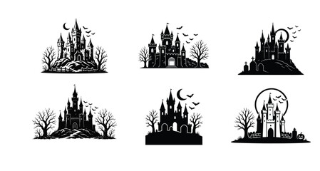 Fototapeta premium Haunted Castle Silhouettes Collection. Spooky Halloween Design Elements with Bats, Moon, and Creepy Trees.