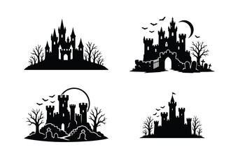 Fototapeta premium Spooky Haunted Castle Silhouettes with Bare Trees, Bats, Moon, and Gravestones for Halloween and Fantasy Designs