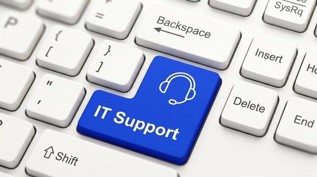 Close up of a blue computer keyboard key labeled it support with a headset icon it support technical help customer service help desk technical assistance remote support
