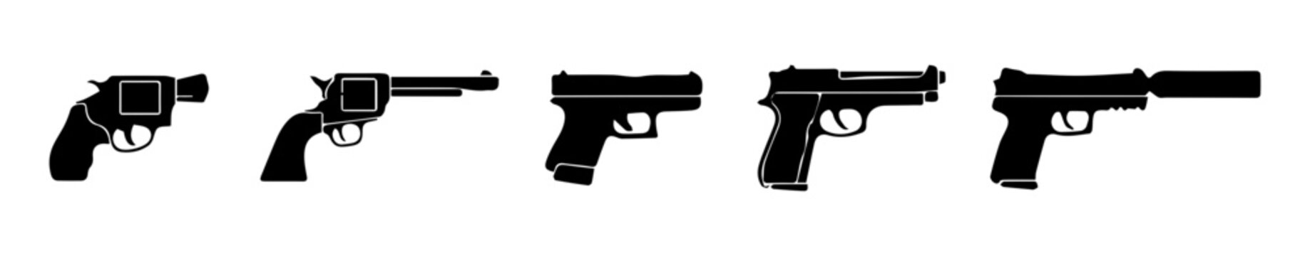 Pistol gun firearm and handgun icon set with weapon, revolver and shooting silhouettes in vector style