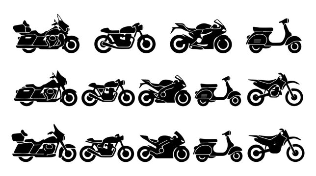 Motorcycle bike scooter and motorbike icon set with transport, vehicle and rider silhouettes in vector style