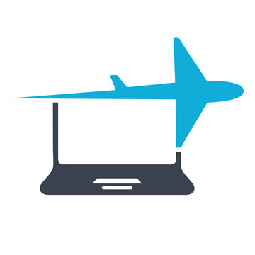 Plane with laptop or computer for avian or travel industries, simple flat design vector.