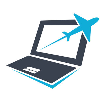 Plane with laptop or computer for avian or travel industries, simple flat design vector.