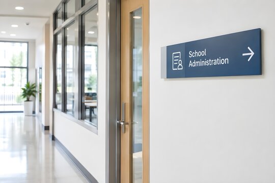 School Administration Directional Sign in Modern Educational Building