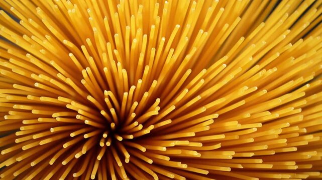 Abstract artistic overhead macro of raw spaghetti pasta twisted in spiral.