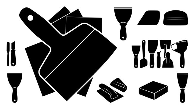 Professional drywall and construction putty knife set with scrapers and spatulas as a flat black vector illustration for home renovation interior design and repair service branding assets