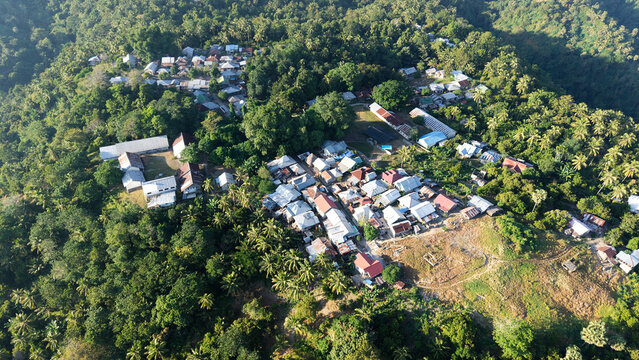 Aerial view of village surrounded by tropical forest, Palue Island, Indonesia