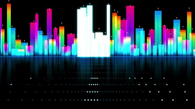 Vibrant Rainbow Equalizer Bars Reflecting on Glossy Black Surface