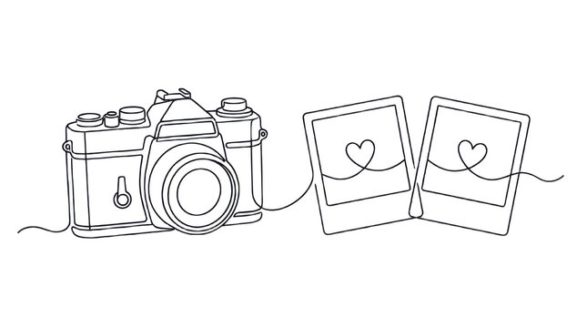 Continuous line drawing of a vintage camera and two polaroid photos isolated on transparent background