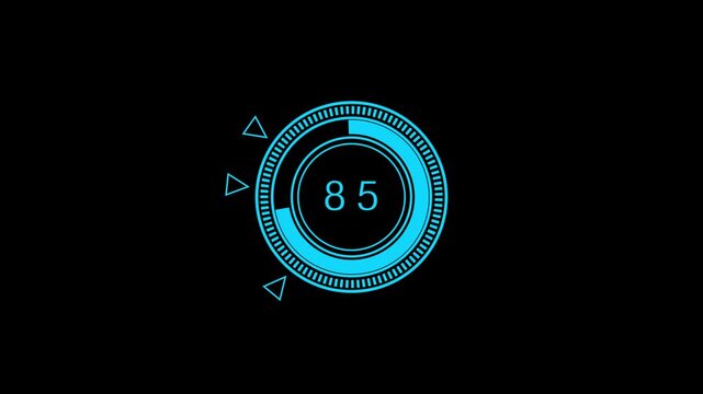 Futuristic blue circular interface displays dynamic number thirty one. Rotating cyber triangles frame this blue circular interface. High tech HUD telemetry powers the blue circular interface.