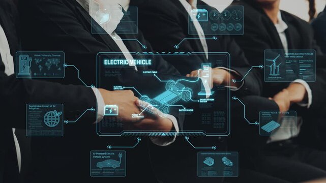 Group of business professionals engaged in a discussion about electric vehicle technology, showcasing digital innovations for sustainable transportation solutions. Raster