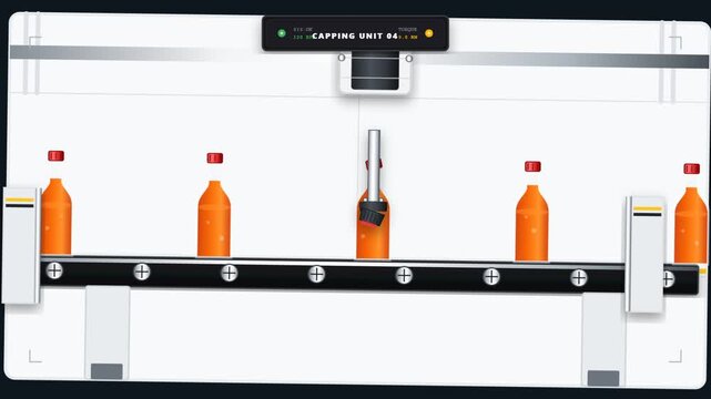 2D Animated Automated Industrial Bottling Line with Robotic Capping Machine and Conveyor Belt