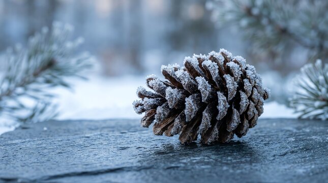 A single pine cone covered in frost resting on a wooden surface in a cold winter forest
