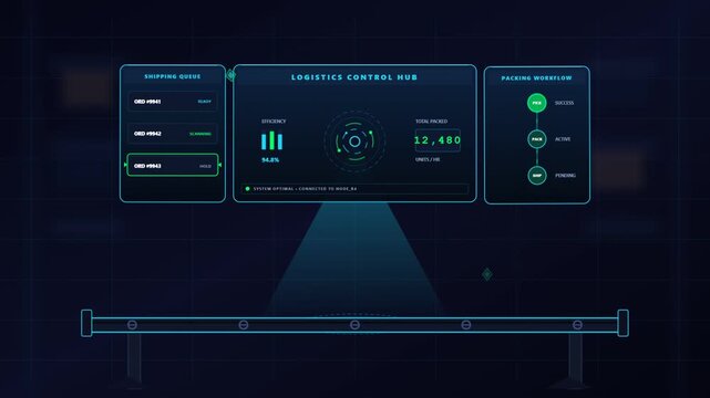 Logistics control hub interface displaying automated supply chain shipping management warehouse