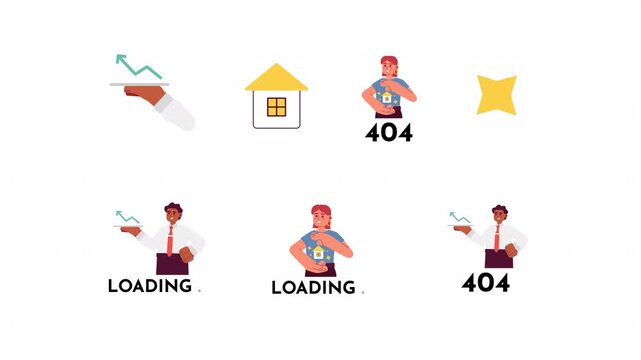 Finance and property loading error cartoon animation pack. Increasing chart. Real estate 404. Growing trend. House ownership animated flat 4K video collection isolated on transparent background