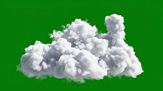Realistic 3D white cumulus cloud isolated on green screen for easy compositing and atmospheric motion