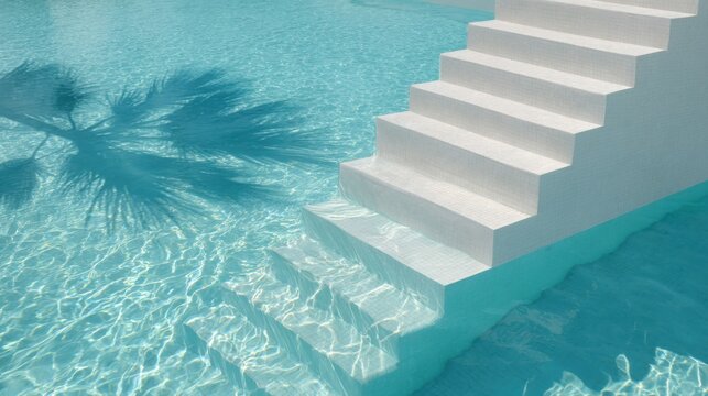 elegant white stone steps descending into a crystal clear turquoise resort swimming pool, sunlight creating beautiful underwater caustic patterns