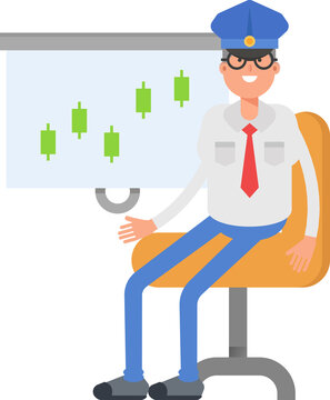 Postman Character Presenting Candlestick Chart

