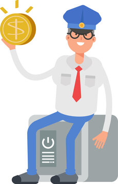Postman Character Sitting on Safe and Holding Dollar Coin
