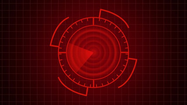 Red radar screen animation sweeps active signals on concentric rings. High tech target surveillance telemetry guides the radar screen. Cyber threat detection tracks on the red radar screen.