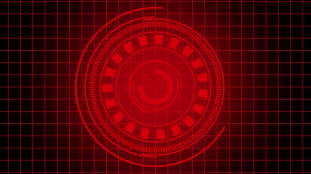 Red technological interface animation rotates segmented rings on grid. Radar surveillance target telemetry guides the interface. High tech control room graphics power the interface.