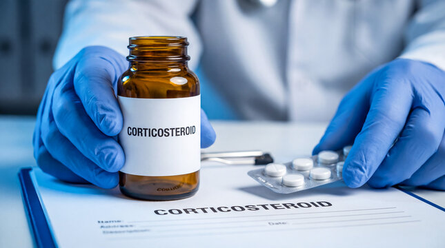 Healthcare worker in blue gloves holding a bottle of corticosteroid medication with a prescription