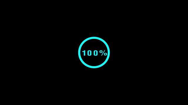 Cyan circle animation displays 100 percent completion text on dark. Full task verification confirmation clears on the cyan circle. Complete system loading updates within the cyan circle.