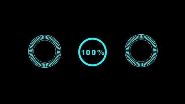 Three cyan circles animation displays 100 percent text in center. Completed data loading confirmation validates the cyan circles. Full system status verification clears the cyan circles.