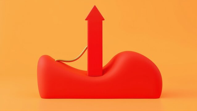 Red arrow rises from fluid shape. Minimalist design, vibrant colors, smooth surfaces, abstract concept. Positive direction, growth potential shown.