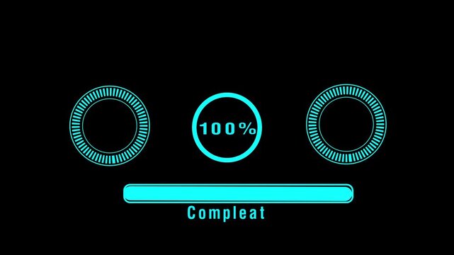 Cyan loading bar animation displays 100 percent text with rings. Full system data buffering confirmation updates the loading bar. Complete software processing runs the cyan loading bar.