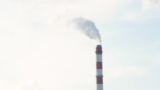 Tall chimneys of the power plant billowing thick smoke