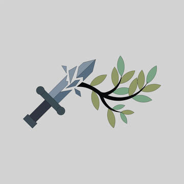 Minimalist flat illustration of a green leafy branch shattering a steel sword representing peace over war