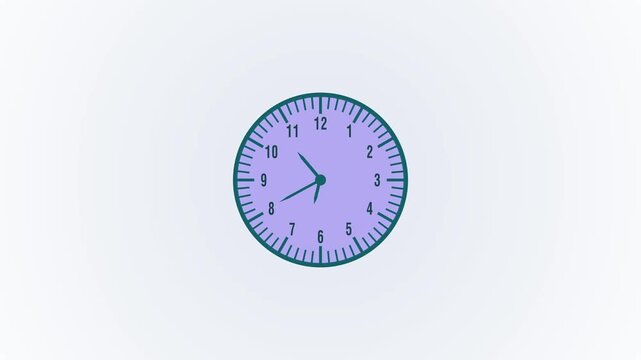 Purple analog clock face animation displays dark numerals on blue. Time management schedules guide this purple analog clock face. Precise clockwork tracking runs on the analog clock face.