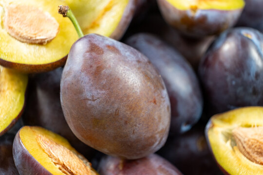 Ripe damson plums cut in half revealing inner seed texture.