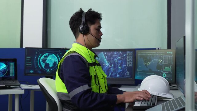 Team engineer analyzing flight data and radar interface in airport control tower.