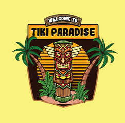 Retro detailed emblem illustration of a carved wooden tiki mask with palm trees and tiki paradise text © harrisaputra