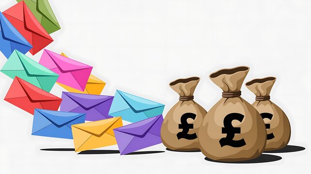 Colorful envelopes flying toward pound money bags representing international money transfer