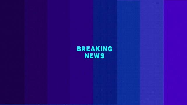 Breaking news text animation displays over blue and purple lines. Urgent broadcast headlines stream on the breaking news text. Journalism announcements feature this breaking news text.