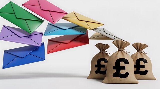 Colorful envelopes flying toward pound money bags representing international money transfer