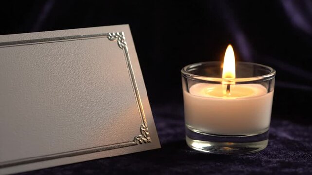 Candle flame flickering beside a blank greeting card with a silver border over a purple velvet backdrop