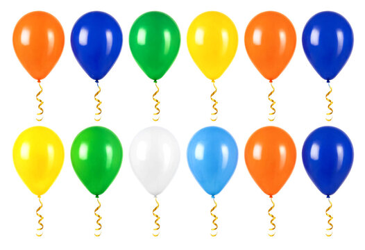 Colorful balloons with gold tassels arranged in two neat rows