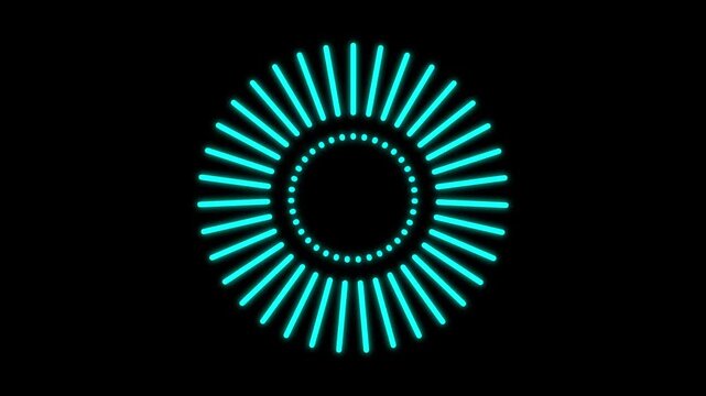 Cyan neon ring animation pulses with radiating lines and dots. Target reticle telemetry coordinates guide the cyan neon ring. Modern user interface displays use this active cyan neon ring.