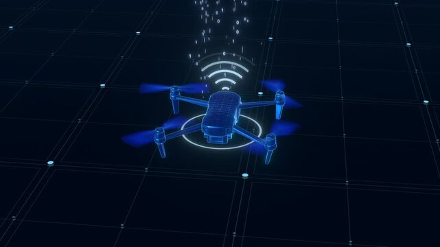 Holographic quadcopter drone hovering over a grid, sending and receiving a binary code stream, ideal for a telecommunications presentation background.
