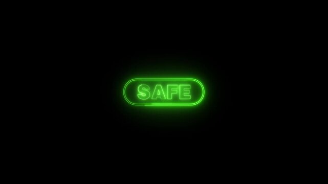 Safe sign animation glows with green neon letters in an oval. Security clearance status clears on the active safe sign. Protected account access authorization verifies on safe sign.