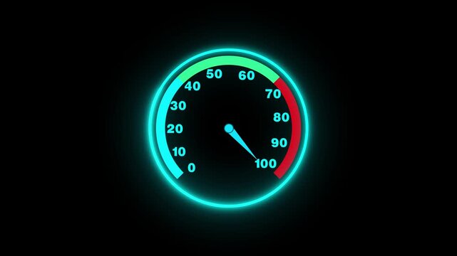Neon speedometer animation sweeps an active needle at high speed. Automotive speed telemetry tracks on the neon speedometer. High performance driving metrics monitor on the speedometer.