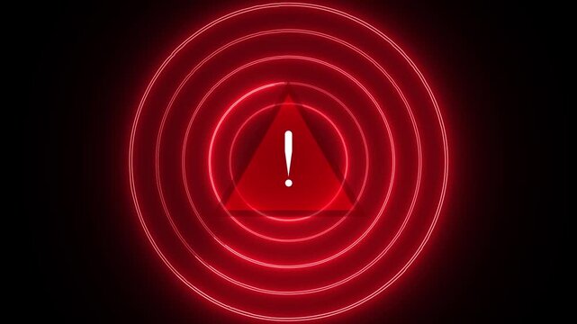Concentric circles animation pulses around a red warning symbol. Hazard danger alerts trigger on the concentric circles. Emergency threat notifications flash across concentric circles.