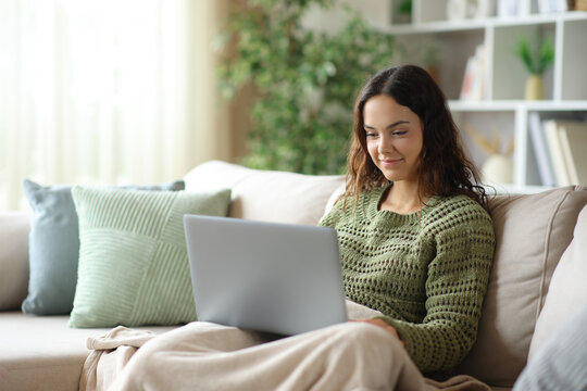 Satisfied young woman using laptop covered with a blanket in winter