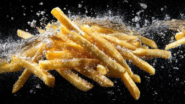 extreme macro photograph of golden french fries falling through a splash of sparkling water, individual crispy surfaces and salt crystals sharply