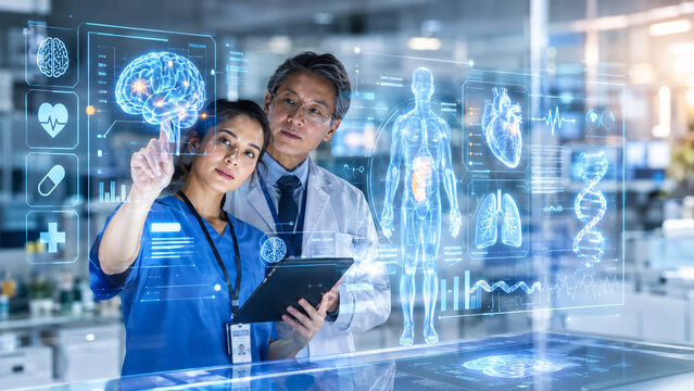 AI generated medical team analyzing holographic brain anatomy DNA health data high tech clinical lab representing digital diagnostics research future healthcare