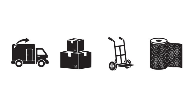 Logistics and moving service icons, delivery truck and cardboard boxes vector set, hand truck and bubble wrap roll for shipping isolated on Transparent Background